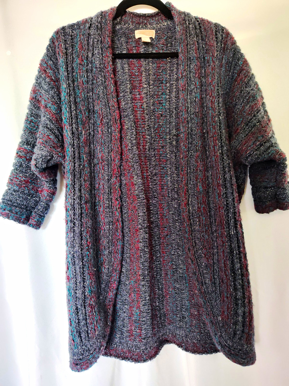 Forever 21 Gray Blue Red Striped Rib-Knit Open Cardigan Sweater L